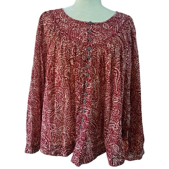 We Free People Cool Meadow Printed Rust Red Balloon Sleeve Boho Tunic Top Sz S - Picture 2 of 9